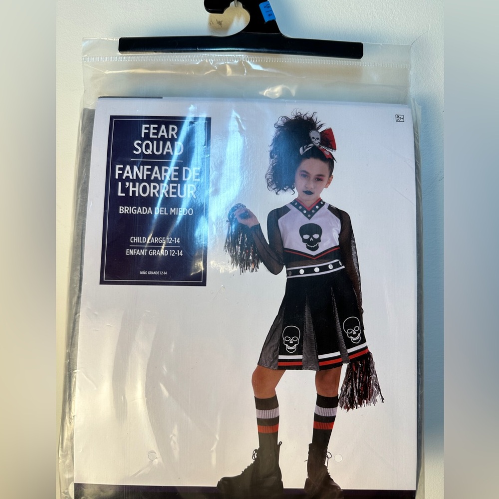 NWT Fear Squad Cheerleader Halloween Costume with Skull Design with Pom Pom